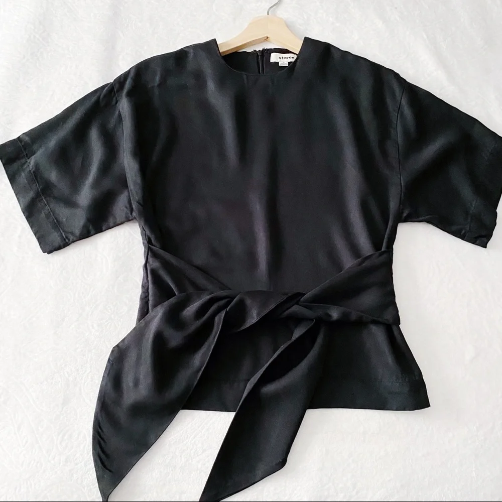 Black Tied Waist Wide Sleeve Blouse